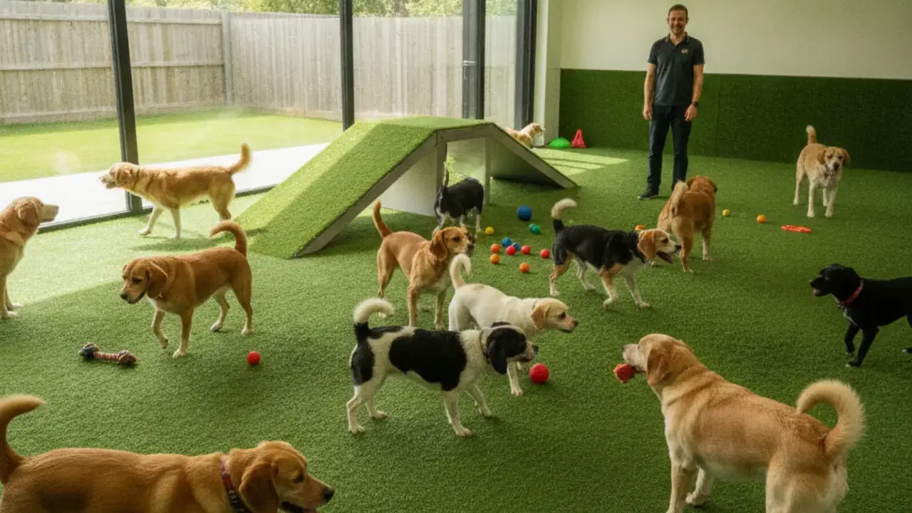 Cães brincando felizes em área de socialização segura no hotel pet premium da Banho D'Espuma