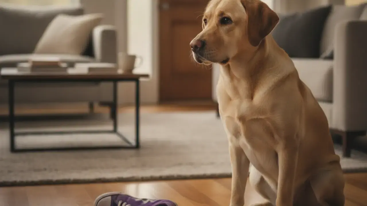 Cão roendo um sapato, indicando ansiedade ou tédio, um dos sinais de um pet que precisa de mais atenção e estímulo.