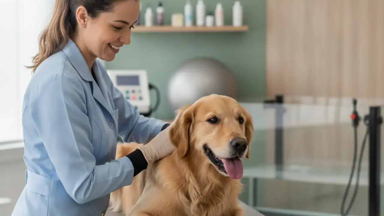 Cachorro da raça Golden Retriever sendo cuidadosamente penteado por um profissional em um ambiente limpo e seguro, exemplificando o cuidado pet de qualidade inegável oferecido pela Banho D'Espuma.