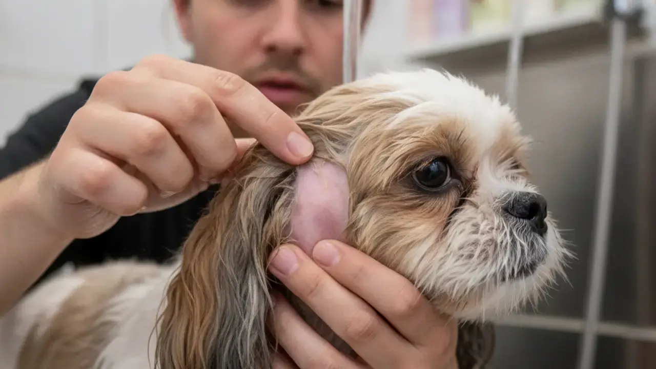 Profissional de pet shop examinando a pele de um cão com atenção e delicadeza, buscando identificar qualquer alteração ou problema, demonstrando o olhar clínico apurado no cuidado pet.